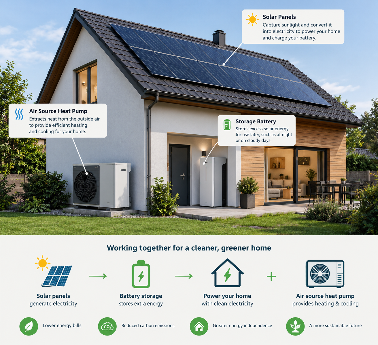 Infographic showing how solar panels, battery storage, and an air source heat pump work together to power a home with clean energy
